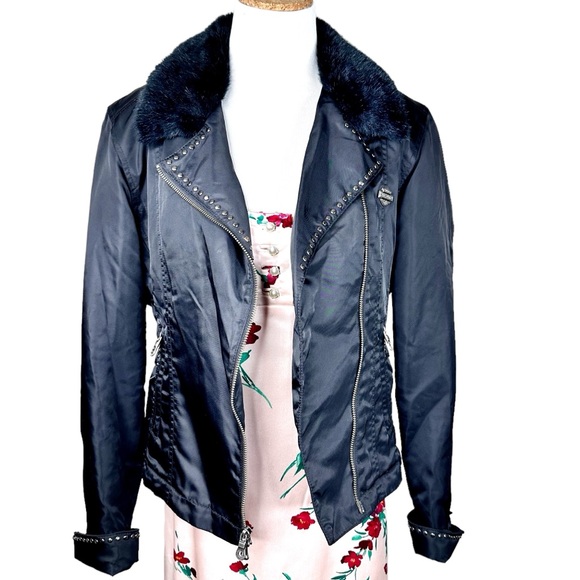 Harley Davidson Women’s Nylon Motorcycle Biker Jacket Black Cropped Small Fur - Picture 5 of 17